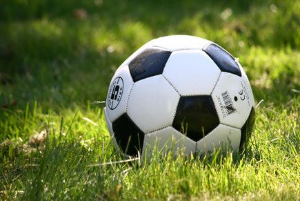 Fast formatfüllend liegt ein Fußball auf einem Rasen. Er hat das klassische Design aus schwarzen und weißen Sechsecken. Licht und Schatten machen ein Muster auf dem Gras.