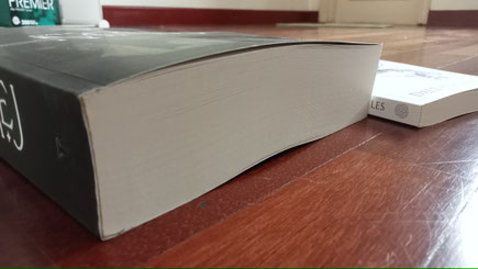 A photo showing Maej and Melancholic Parables laid side by side on the floor, angled to highlight how much thicker Maej is.