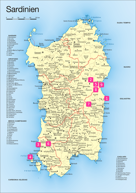 Bild: CC BY-SA 3.0 Karte von Sardinien, neue Provinzen, Autor Philip Schäfer, www.schaefer-bonk.de, ergänzt um Tourenkoordinaten
