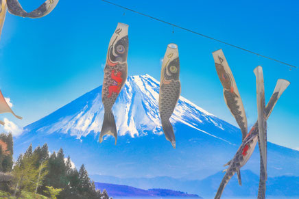 晴わたる青空と富士山と鯉のぼり