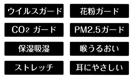 ウイルスガード　花粉ガード　ＣＯ2ガード　ＰＭ2.5ガード　保湿　吸湿　喉の潤い　ストレッチ　耳に優しい