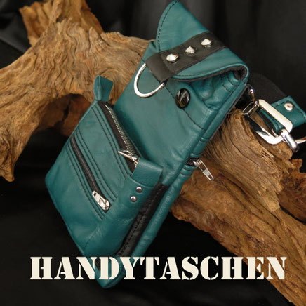 Petrolgrüne Handytasche zum umhängen aus Leder mit aufgenähtem Portemonnaie