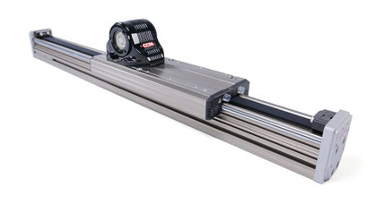 Belt drive linear guide rail with motor on carriage