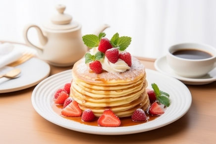 生クリームといちごがあしらわれたパンケーキのお皿。コーヒーの入ったカップ＆ソーサ。コーヒーポット。