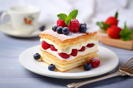 生クリームとベリーがあしらわれたミルフィーユケーキのお皿とティーカップ。