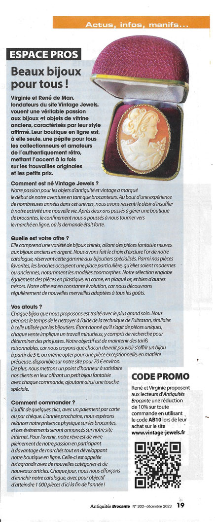 Article dans le Antiquités Brocante magazine No302 Décembre 2023