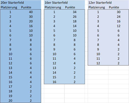 Punktewertung je nach Größe des Starterfeldes; Jeder Spieler wird einzeln gewertet und erhält daher die Hälfte der als Team erspielten Punkte.