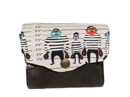 petit porte-monnaie accordéon pour homme, 3 compartiments, porte-cartes, faux cuir anthracite, tissu gris avec des prisonniers, rigolo, 3 compartiments, idée cadeau de Noël homme original, pratique et utile