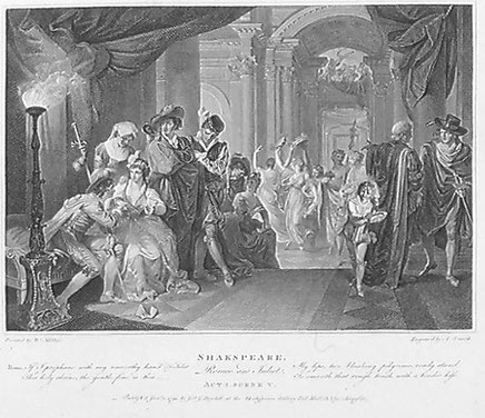 Romeo's first interview with Juliet engraving by A. Smith after painting by W. Miller