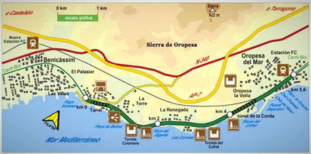 Mapa 1 de la ruta por la costa del Azahar entre Oropesa y Benicasim.