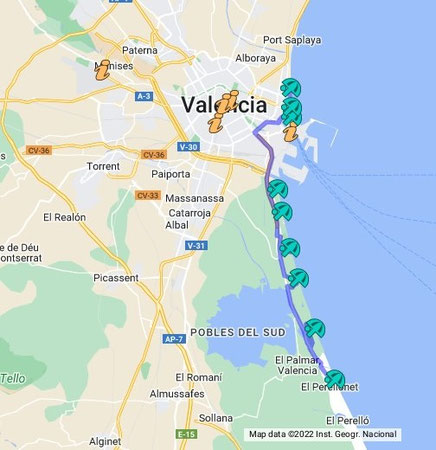 Mapa de la Playa de la Malvarrosa y de la Costa de Mediterránea.