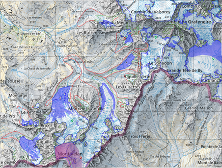 Zone d'accumulation approximative en dégradé violet sur le glacier de Valsorey