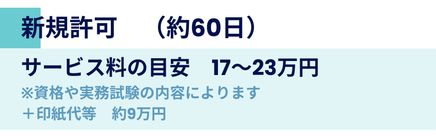 新規許可取得の目安期間は約60日。サービス料17万円から23万円、資格や実務経験の内容により変動。別途印紙代など約9万円が必要