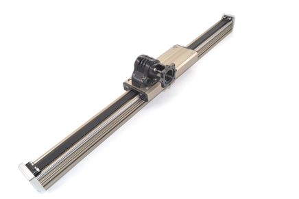 Linear guide rail with motor on carriage belt driven