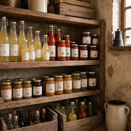 Sirupflaschen und Vorratsgläser im Mini-Farm-Vorratskeller