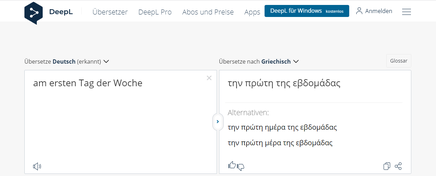 erster tag der woche uebersetzung griechisch deutsch