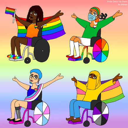 Four racially diverse wheelchair users with pride items