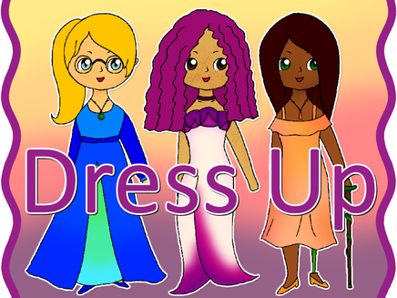 Three girls in fantasy dresses, one with a vine-decorated cane.