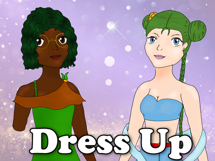 A black woman with curly green hair and limb differences, next to a white woman with a long green braid, both in fantasy fashion