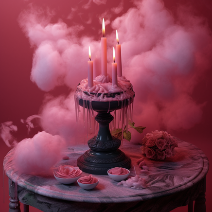 Eine schwarze hohe Tortenplatte auf einem Tisch enthält 4 rosa Kerzen und rosa Rauch, rosa farbener Wachs läuft runter, auf dem Tisch rosarote Rosen, liebes Magie, gotischer Surrealismus, pink gothic