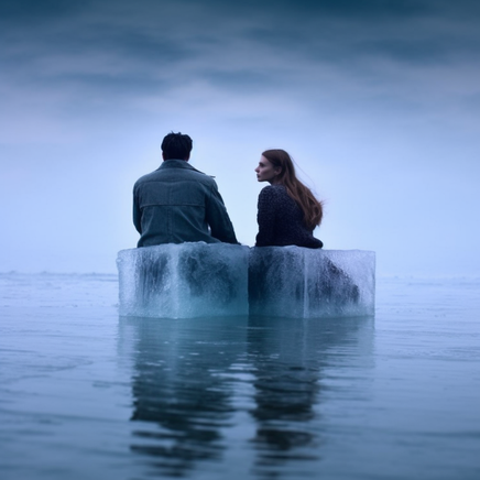 Mann und Frau auf Eisblöcken auf dem Wasser, im Stil der Mattmalerei, melancholische Atmosphäre, Indigo und Aquamarin, unheimlich realistisch