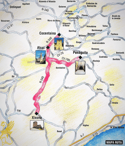 Mapa ruta para llegar a Cocentaina, pasando por Xixona,Alcoi y Penàguila. En la  Comunidad Valenciana.