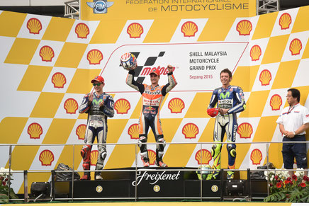 Das Podium in Sepang: Dani Pedrosa, Jorge Lorenzo und Valentino Rossi.