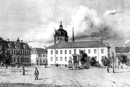 Das Rathaus von Malmö am Stortorget. Zeichnung von L. Messmann. 1859.