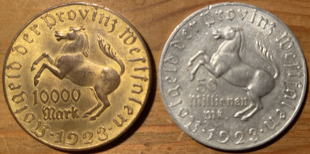 Notgeld der Provinz  Westfalen - Die 10.000 Mark-Münze in schwerer Metallegierung, die spätere 50 Millionen-Münze nur noch in leichter Alu-Pressung