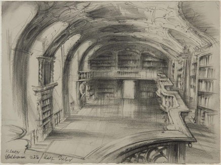 Rolf Escher: Kloster Waldsassen, Bibliothekssaal, 1996, Bleistiftzeichnung auf hellgrauem Bütten, 38 x 28 cm.
