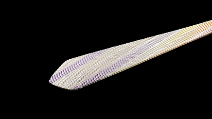 インクジェット印刷による厚盛表現。 紫からオレンジに変化するグラデーションの中に、立体感ある凹凸模様が美しく浮かび上がる。