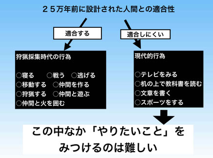 この画像は「やりたいことの見つけ方」（八木仁平）の読書感想文のページにあり、進化の視点からどの行為亜が人間に適合するかをしめすものです。