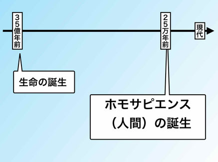 この画像は「やりたいことの見つけ方」（八木仁平）の読書感想文のページにあり、「やりたことはみつからない」主張について１つの理由となる進化を扱い、進化の時系列をしめすものです。