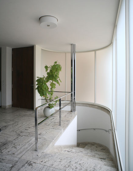 Tugendhat House, foyer, entrance door, spiral staircase, glass wall with pillar. Photo: Jong Soung Kim, September 29, 2012