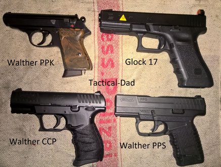 Größenvergleich der Pistolen: Walther PPK, Glock 17, Walther CCP und Walther PPS.