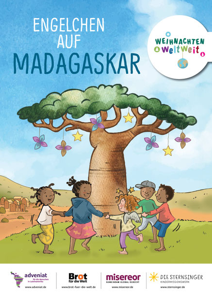 Die Cover-Abbildung des Madagaskar-Materials: Das „Weihnachten Weltweit“-Engelchen tanzt mit Kindern um einen weihnachtlich geschmückten Baobab-Baum. © ReclameBüro München / Weihnnachten weltweit