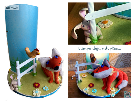 Petite lampe artisanales avec un renard, un lapin et une poule faits main à proximité d'Annecy