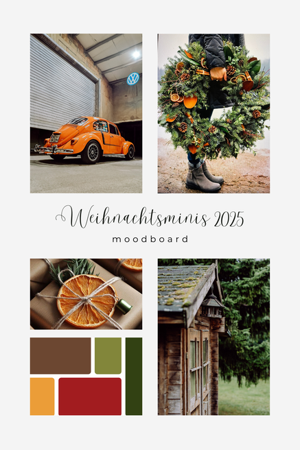 Collage von vier Fotos, darauf ist eine Familie mit kleinem Mädchen zu sehen, viel weihnachtliche Dekoration und ein Oldtimer, auf dessen Ladefläche die Familie sitzt