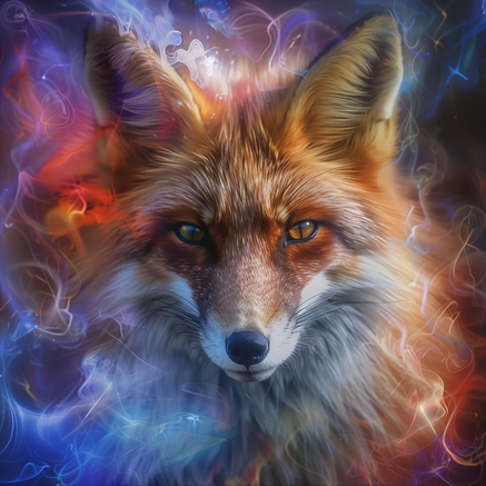 Ein schönes Portrait eines Fuchses, der direkt in die Kamera schaut umgeben von Licht- Farb und Energie Flecken oder spiralen
