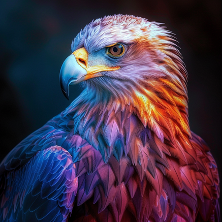Portrait bis zu den Schultern von einem stolzen Adler, er schaut nach links, man sieht sein gesicht seitlich, auf ihm liegt ein Farbverlauf in den Farben gelb, orange, rot, violet, pink, blau und dunkelblau, der Hintergrund ist schwarz mit weichen blauen 
