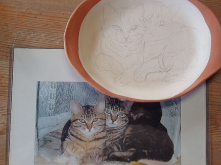 オーダーメイド＊ふたりネコ　手描きの絵皿