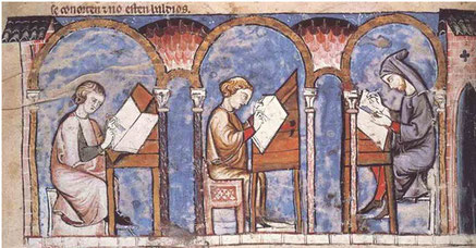 Copistes medievals treballant als seus scriptorium.