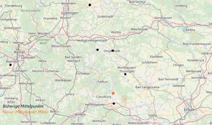Geographical Open Street Map which marks all centers (midpoints) of Germany as a black dot. The new center (midpoint) of Germany in Mihla is marked as an orange dot and was calculated based on the squaring method.