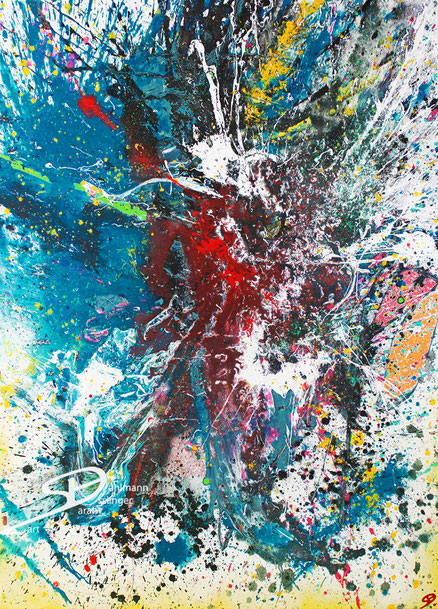 Sarah Esslinger-Dahlmann, Sturm, Februar 2024, 100 x 140 cm, Acrylfarbe, Mischtechnik auf Leinwand, abstraktes, kraftvolles, farbintensives Werk, türkisblauer Sturm, rot, weiße Explosion in der Mitte und sanftes gelb am Rand