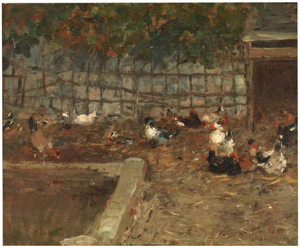 El corral.1869.Óleo sobre lienzo,38x46cm.Museo del Prado. El maestro estudia el movimiento fugaz de las aves y en especial de las gallinas.Su amplia libertad creativa para captar la gestualidad ligera y cambiante de estos animales.