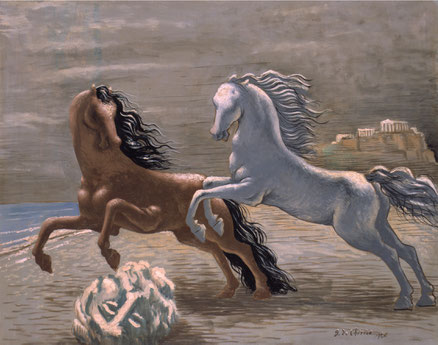 Giorgio de Chirico.Los dos caballos a la orilla del mar 1926.Óleo sobre lienzo,73x92cm.Museo de Arte Moderno y Contemporáneo de Trento .Las referencia al pasado y la vuelta al orden en la Europa de postguerras,un periodo metafísico para volver a los mitos