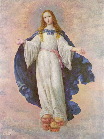 Francisco de Zurbarán.Inmaculada Concepción 1661.La Virgen María venerada desde los primeros tiempos del cristianismo como la Purísima, concebida sin pecado original y elegida para ser recipiente de Dios encarnado.Dogma de ardientes discusiones monástica