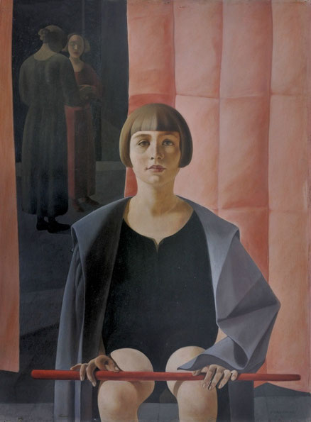 Felipe Casoratti. Retrato di Renato Gualino,1923,24.Óleo sobre tablero de contrachapado.Istituto Matteucci,Viareggio. Presentado en la bienal veneciana 1924, sentado como un joven rey del Quattrocento italiano un paño le sirve de capa y un bastón de cetro