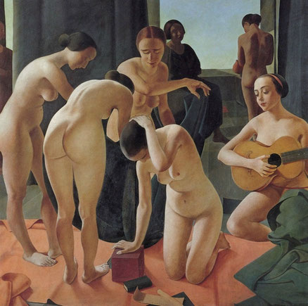 Felice Casorati.Concerto 1924. RAI Direzione Generale,Turín. Una relectura personal del desnudo femenino, un equilibrio entre el tiempo actual y el relato antiguo, trasladado a una dimensión mágica.