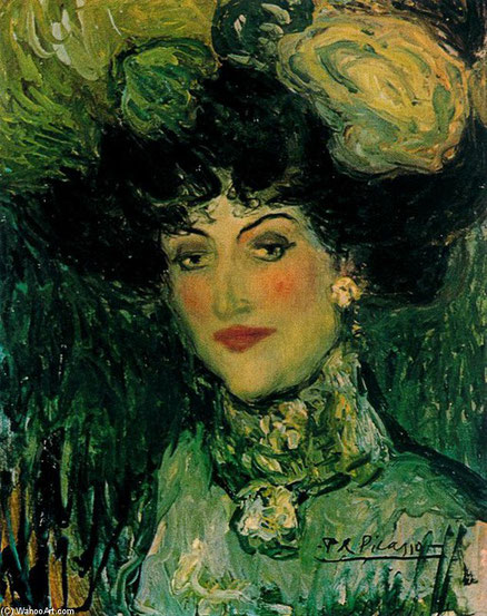 Pablo Picasso.Mujer con sombrero de plumas. Madrid 1901.Óleo sobre lienzo.46x38cm.McNay Art Museum,San Antonio.La mayoría de las obras que Picasso  presentó en la Galeria de Vollard eran retratos de mujeres de elegancia vulgar, mujeres de la calle...